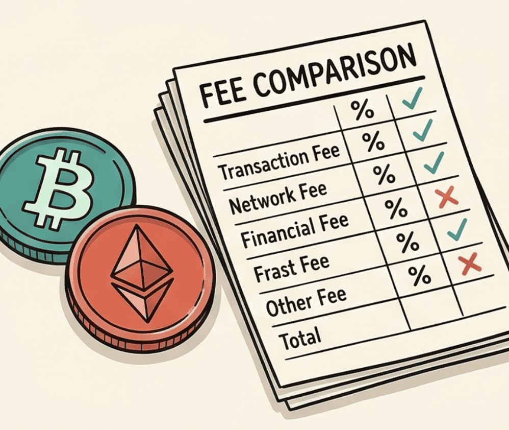 Cryptocurrency fee comparison with Bitcoin and Ethereum coins.