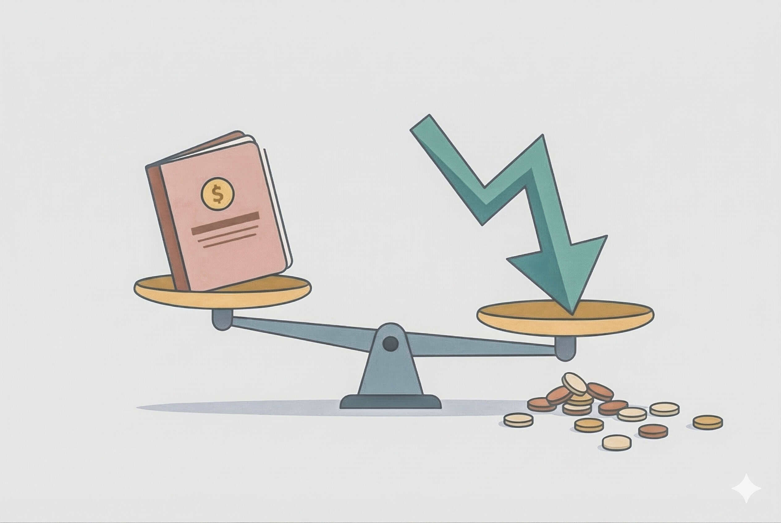 Illustration of savings and inflation with a downward arrow and coins.