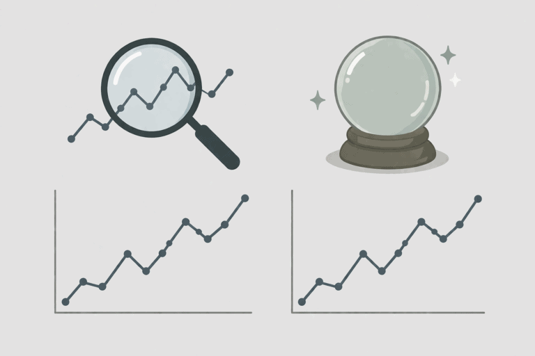 Line charts with magnifying glass and crystal ball representing market analysis tools.