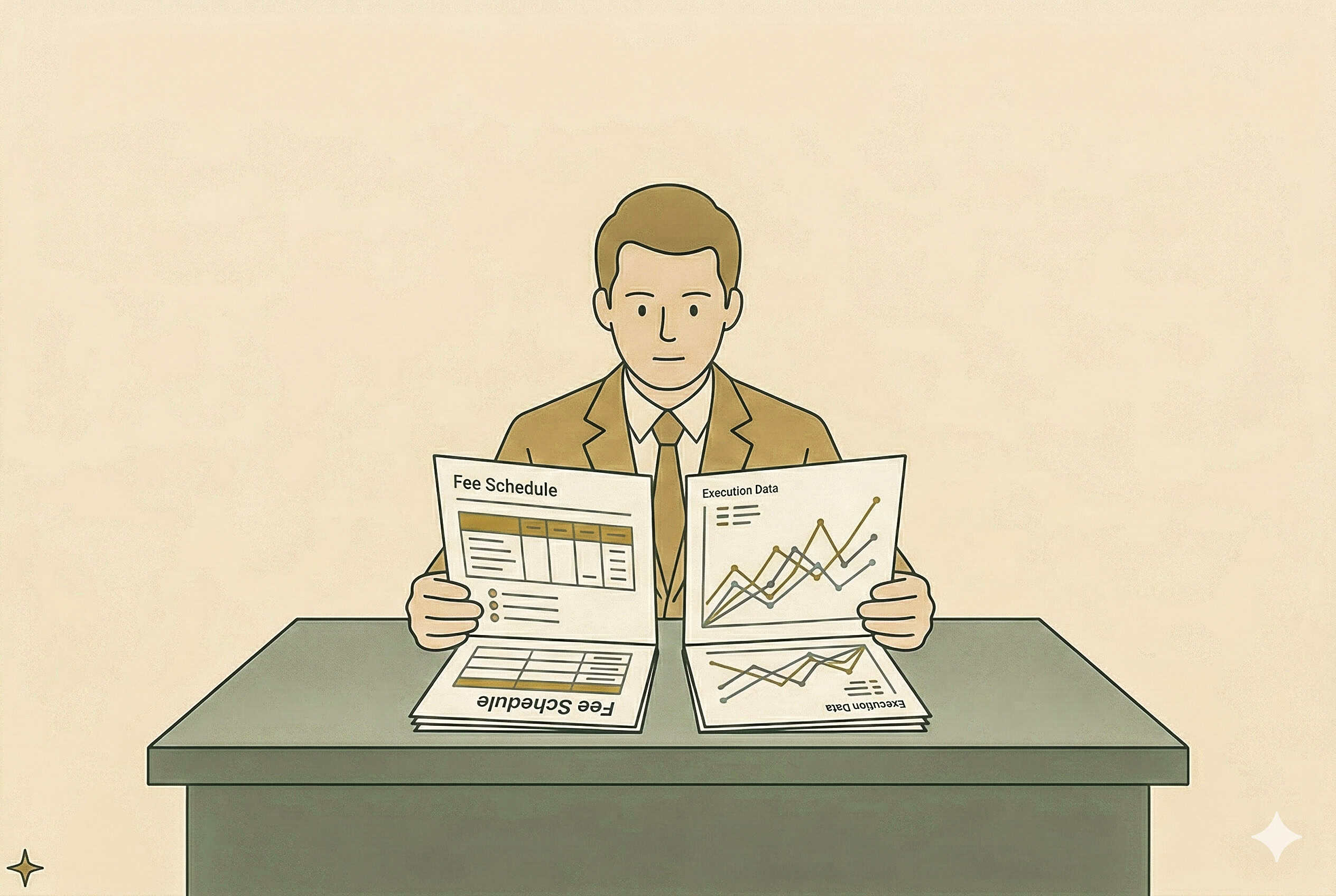 Trader analyzing fee schedules and execution data for broker selection.